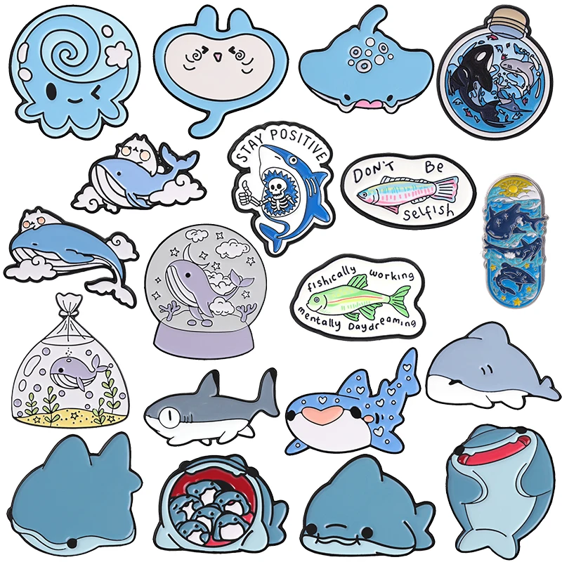 Cute Marine Animal Badges Shark Whale Octopus Manta Ray Enamel Pins Funny Fish Slogan Brooch Ocean Sea Creature Accessories Gift