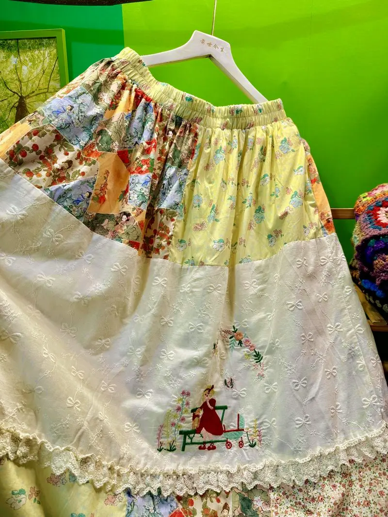 2026 Female Cotton Patchwork Ruffled Lace Bow Pattern Midi Skirt Vintage Mori Girl Harajuku Sweet Lolita Kawaii Retro Long Skirt