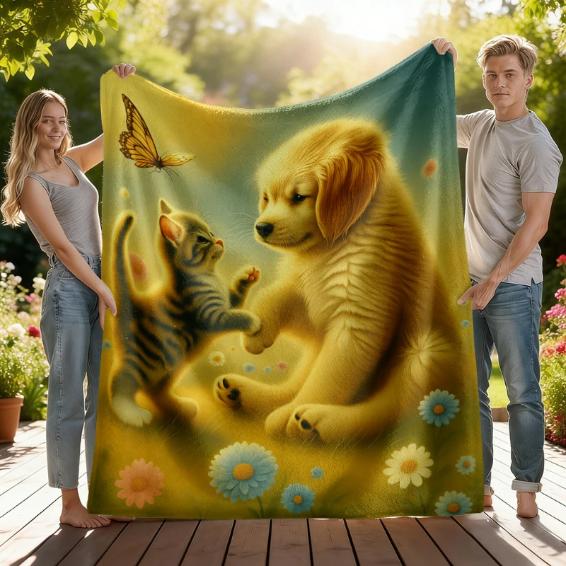 Golden Puppy Tabby Cat Floral Print Throw Blanket,Warm Sofa,Bed Lap Space,Garden Room,Birthday Nature Theme Gifts