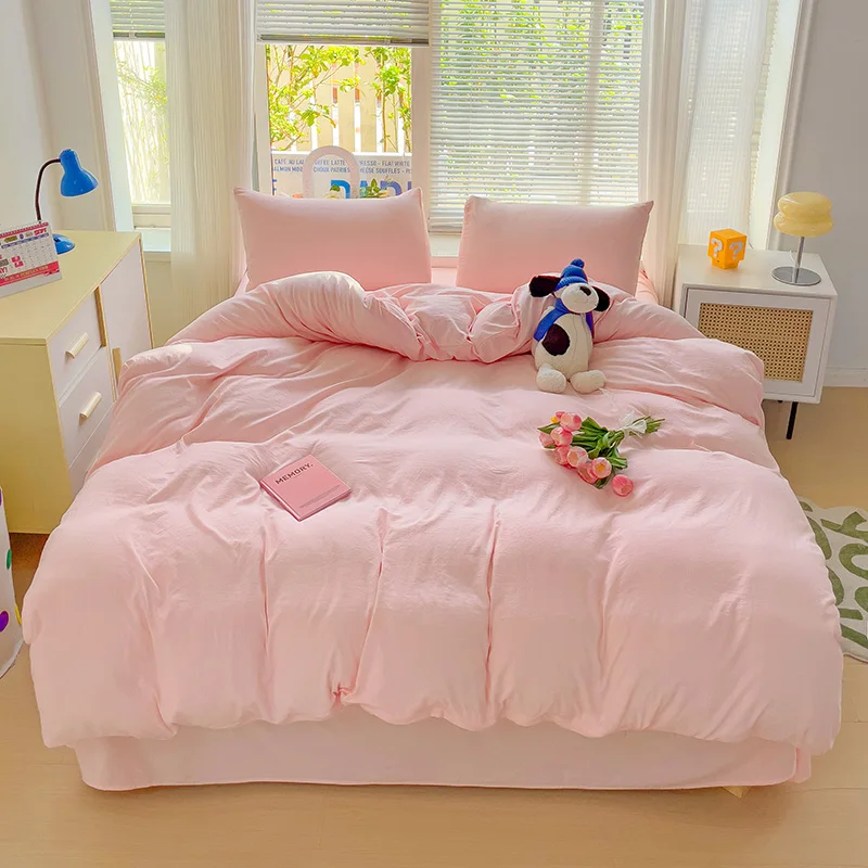 Solid Color Queen Duvet Cover Set, Girls Romantic Pink Bedd…