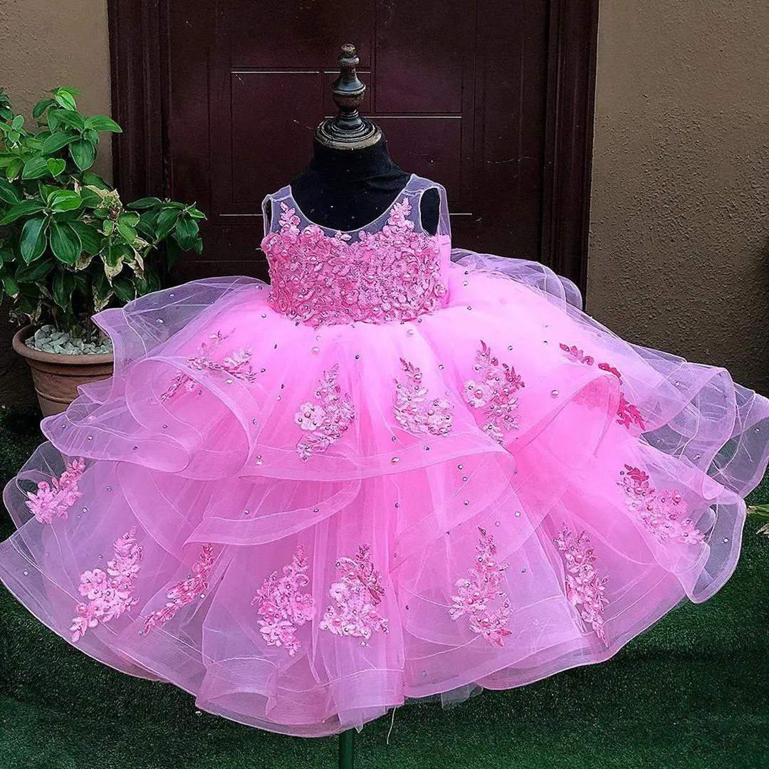 

Luxurious Pink Lace Flower Girl Dresses Sheer Neck Crystals Little Girl Wedding Dresses Cheap Communion Pageant Dresses Gowns