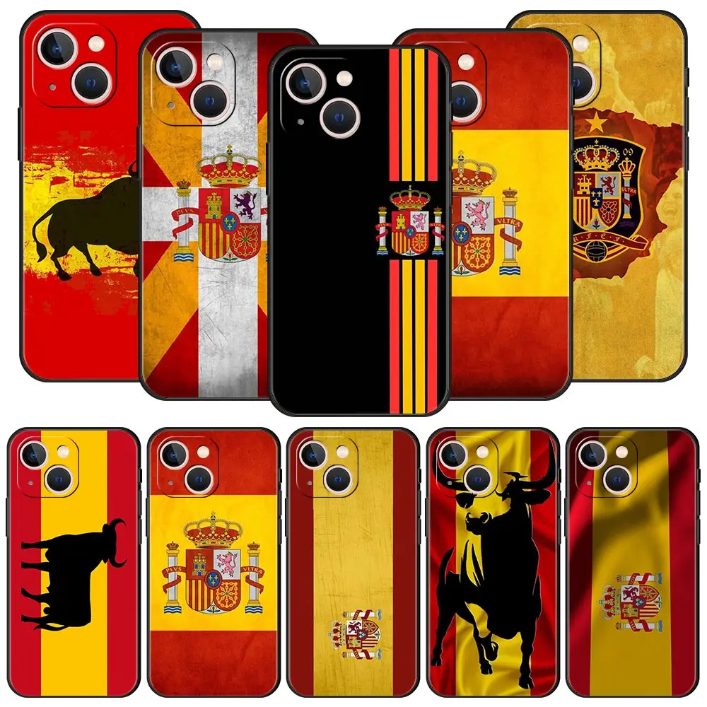 Funda para Teléfono con Bandera de España para iPhone 17 16 15 Pro Max 11 12 13 14 7 8 Plus SE 2020 X XR XS, Negra Suave
