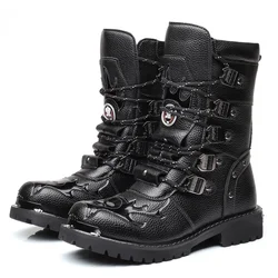 Winter Men Motorcycle Boots 2022 New Fashion Mid-Calf Punk Rock Punk Shoes Mens PU Leather Black High top Mens Casual Boot 38-46