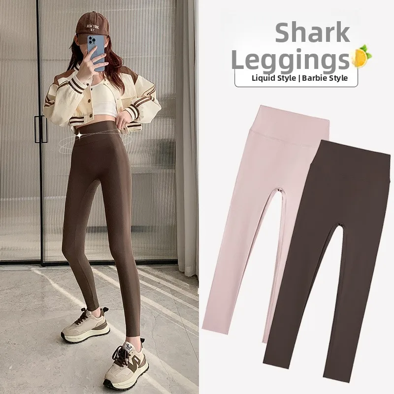 High Waist Thin Yoga Leggings Women's Bottom Pants Nine Points Slimming Tight Fit Summer Shark Skin Pants Outwear for Small F...