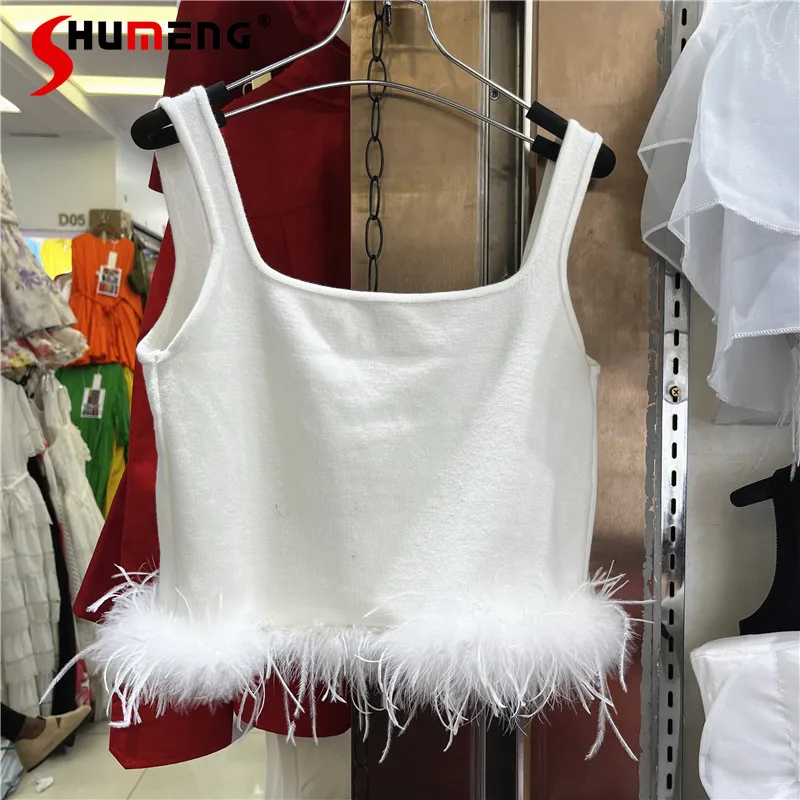 

Hot Girl Sexy All-Matching Knitted Ostrich Hair Vest Women's 2024 Spring Summer New Solid Color Vest Slim Fit Slim Short Vests