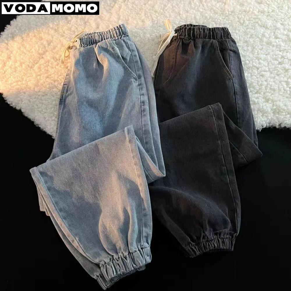 

Винтажные джинсовые джинсы, женская одежда, повседневные корейские модные джинсы на шнурке, уличная одежда, черные брюки, женские джинсы, осень для парней