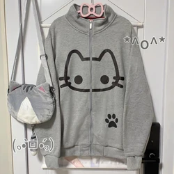 Cute Cat Stand Collar Zipper Coat Women Autumn New Thin Cardigan Tops Mujer Y2k E-Girl Long Sleeve Loose Jackets Sweatshirt