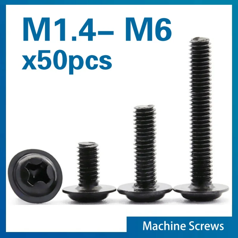50pcs/lot Pw Black Pan Screws With Washer 1.4 2 2.5 3 3.5 4 5 6 Fixed otherboard Screws With Pad Din967
