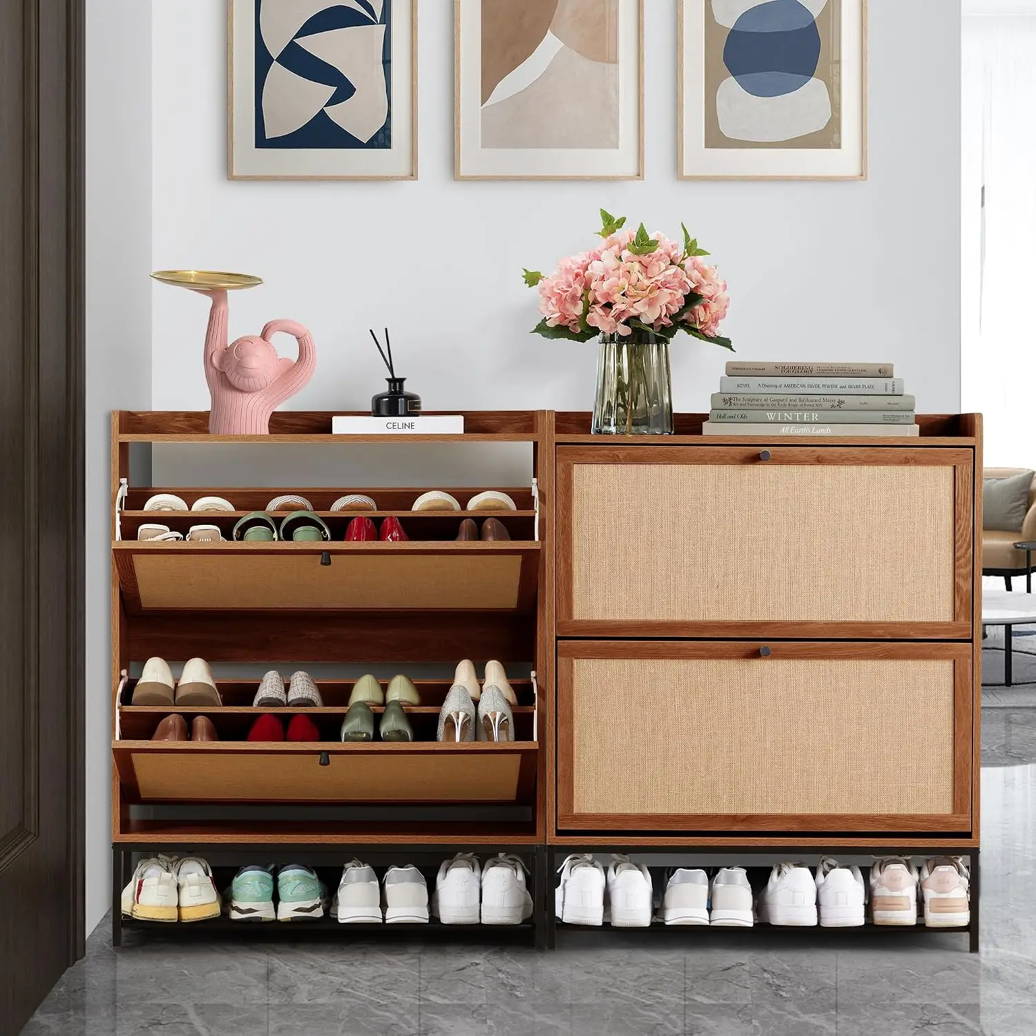 Shoe Cabinet Set of 2, Wooden Narrow Shoe Racks Cabinet Storage with 2 Flip Drawers, Hidden Freestanding Shoe, Customized