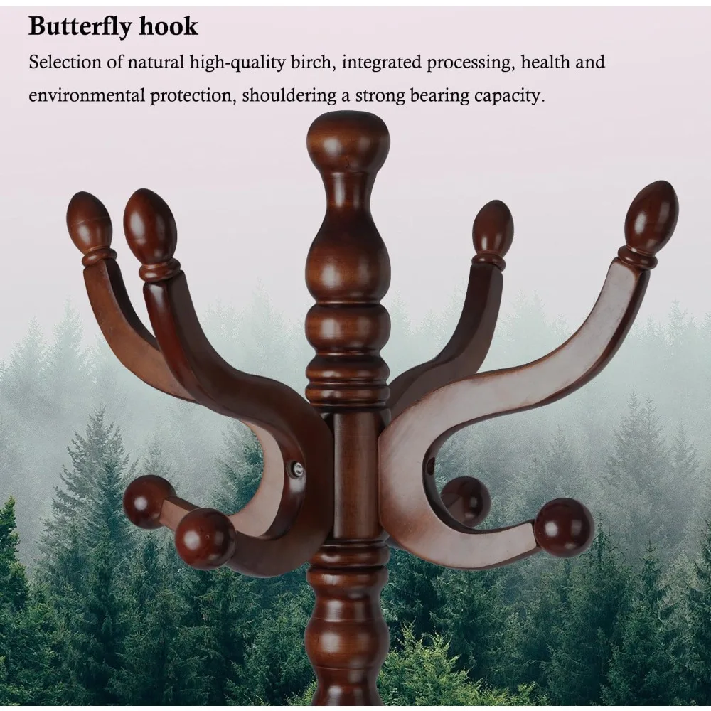 شجرة معطف من الخشب الصلب مع 11 خطافًا، رف متين قائم بذاته مع قاعدة مستديرة ثابتة، لمسة نهائية من خشب البتولا الطبيعي