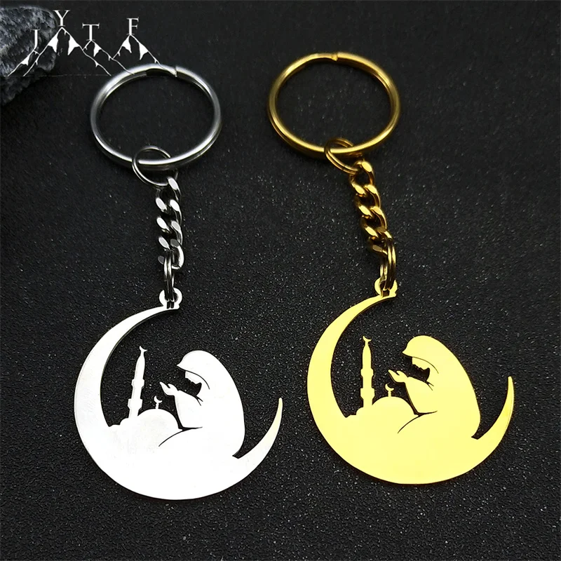 Parying Moon Ramadan Mubarak Islamic Muslim Key Chains for Women Men Stainless Steel Gold Color Eid Al Adha Jewelry Gift