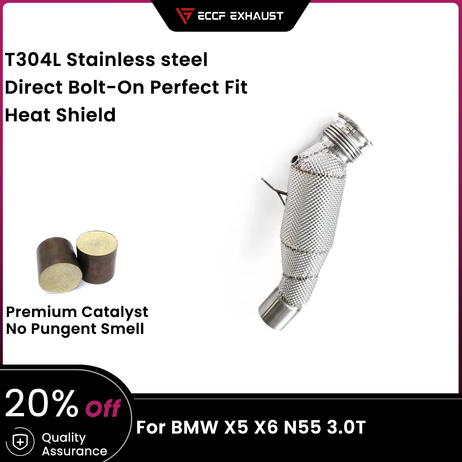 

Premium High Flow Downpipe with Heat Shield ECCF Stainless Steel for BMW X5 X6 N55 3.0T Plug & Play No Tuning Warranty Safe