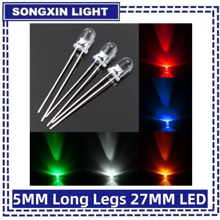 10-100PCS/LOT Long Legs 29MM UltraBright Red/Green/Blue/White/Yellow Ultra Bright 5mm Round LED Diode F5 Led 3.0-3.2V