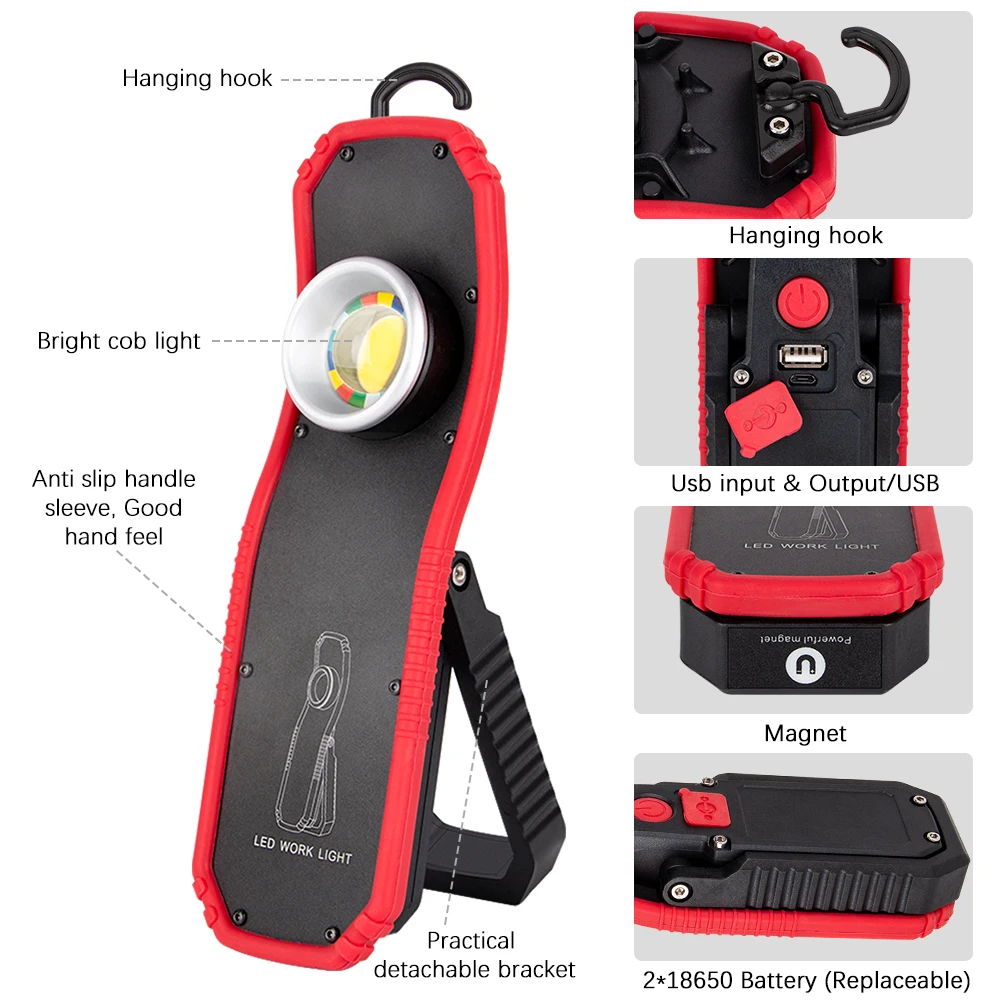 Portable LED COB Flashlight Torch USB Rechargeable Magnetic Lantern Camping Hanging Hook Lamp High-Low Modes Lighting Work Light