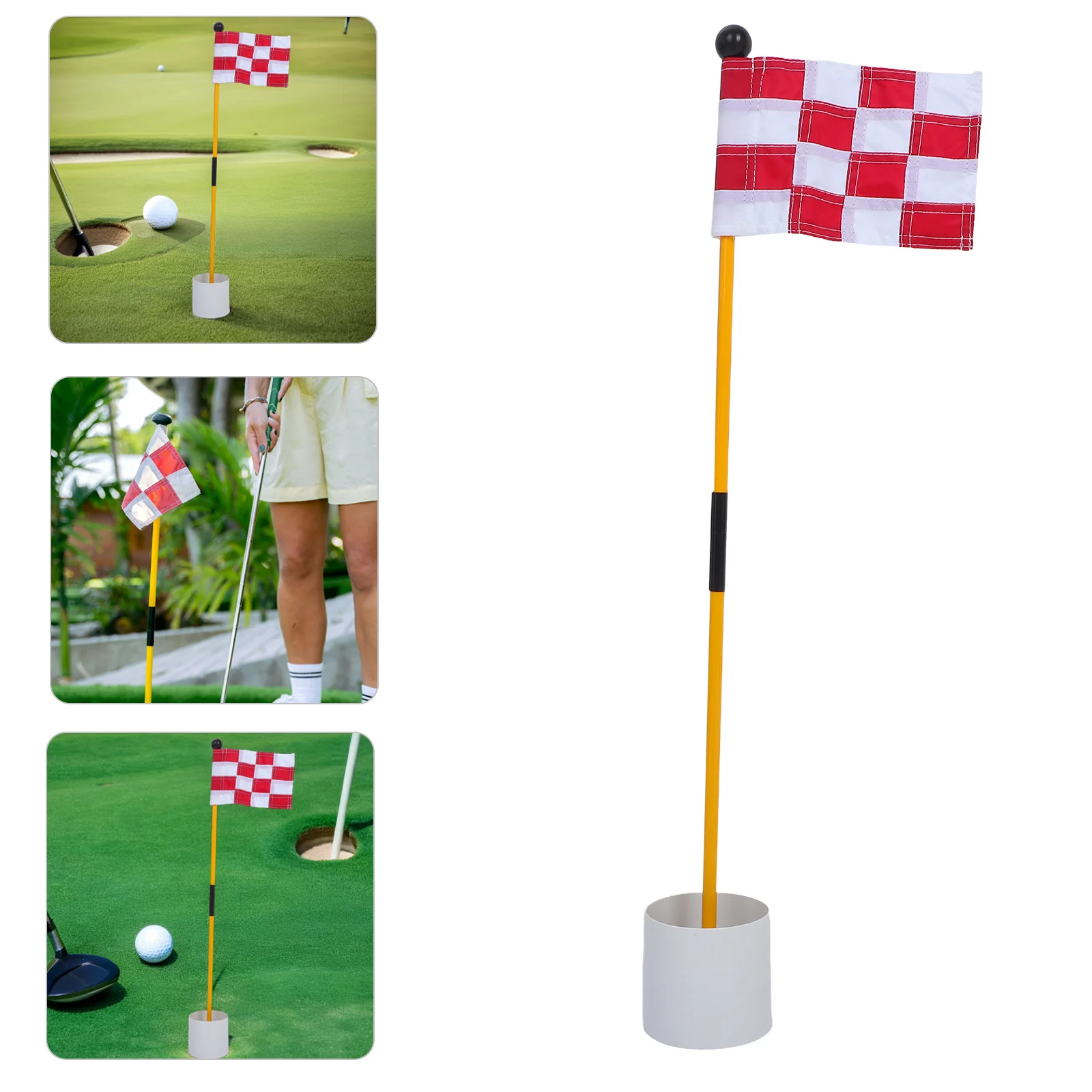 

Golf Flagpole Set Vibrant Plaid Nylon Flag Practice Tool Drainage Hole Cup Outdoor Training Backyard Golfing Accessories