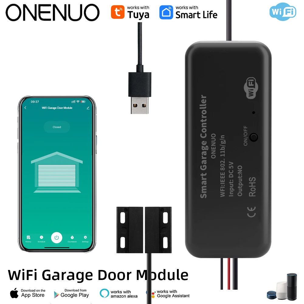 ONENUO Tuya WiFi Switch Smart Garage Door Opener Controller Work with Alexa Echo Google Home Smart Life(Support DC5V 1A Adapter)