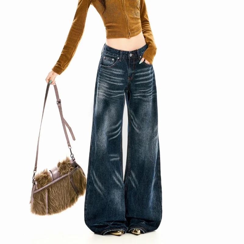 Women Low Rise Wide Leg Jeans Amrican Retro Casual Blue Denim Long Pants 2026 Fashion