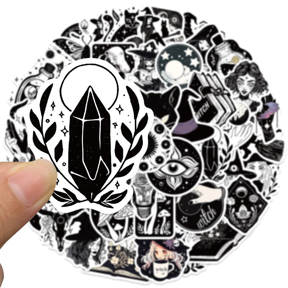 52Pcs Black and White Witchy Apothecary Cartoon Stickers Witch Sticker Astrology Tarot Goth Vinly Toy Decals for Kids Gifts