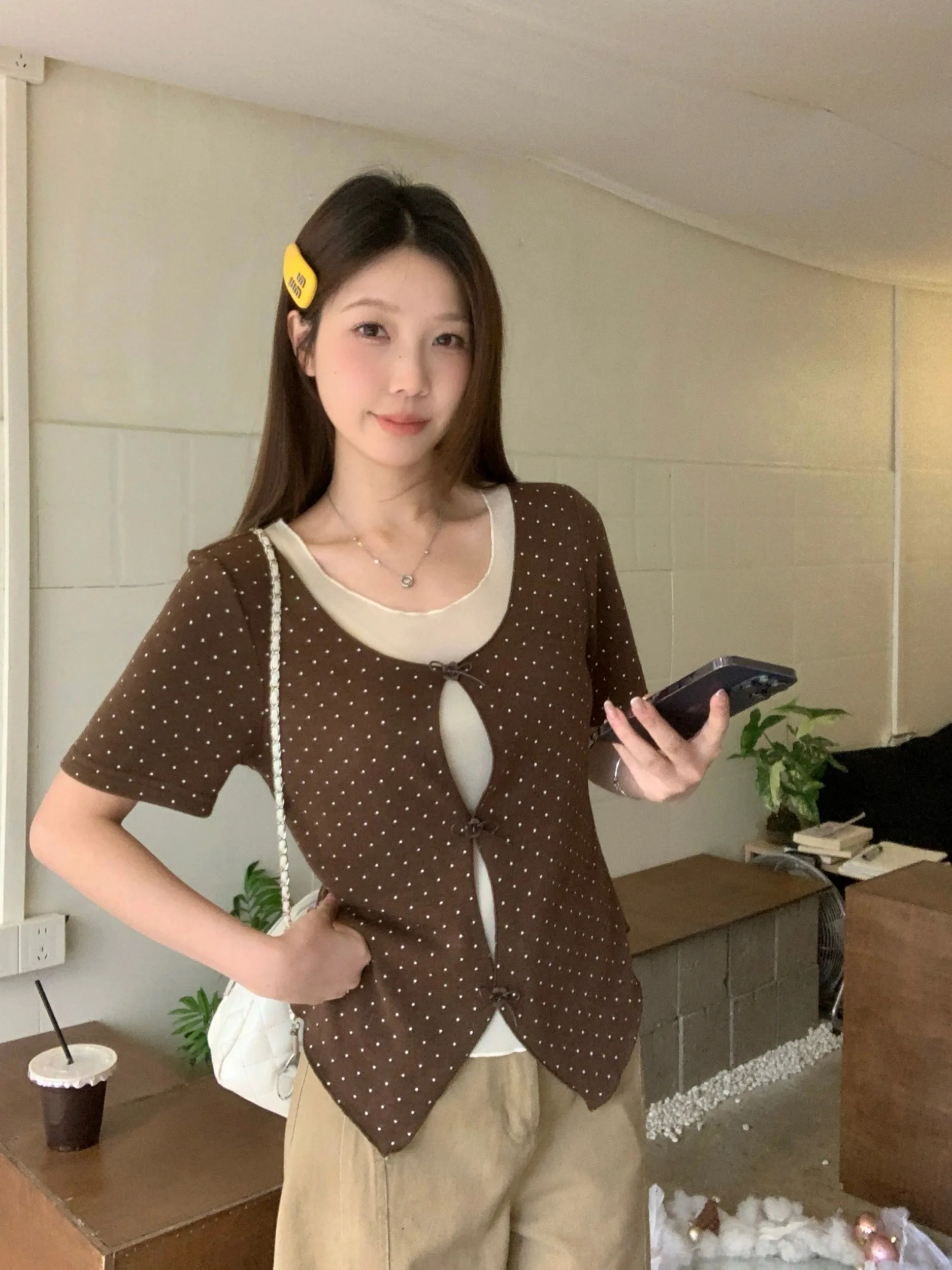 

Sweet Style plus Size Women's T-Shirt Short Sleeve Waist Cinched Polka Dot Top Korean Style Summer New Fashion Elegant Top