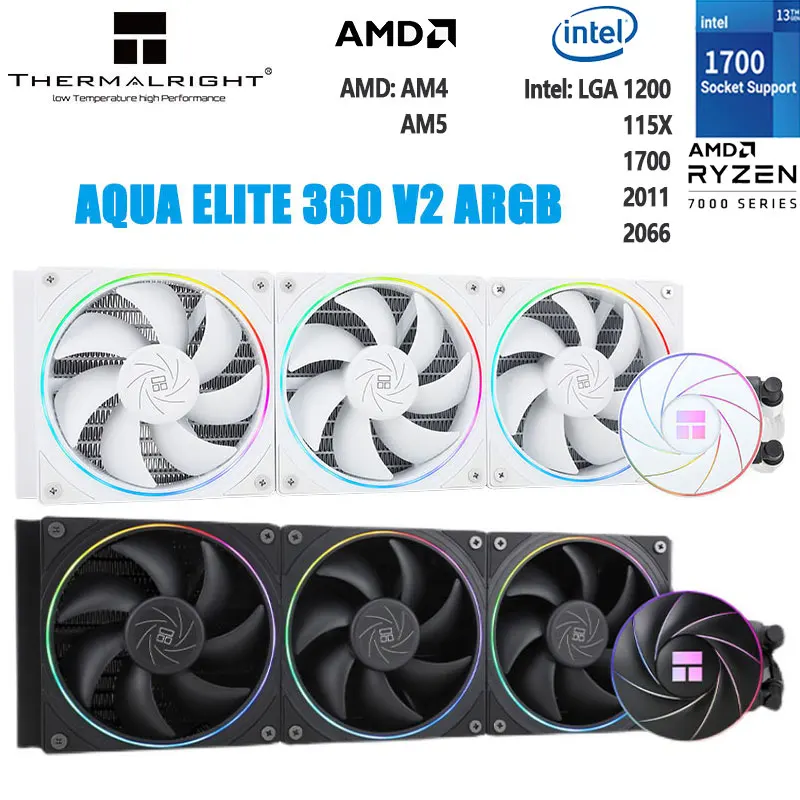 써멀라이트 아쿠아 엘리트 360 V2 통합 수냉 라디에이터, 멀티 플랫폼 인텔 LGA1700, 115X, AMD AM4, AM5, AM5 지원