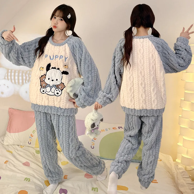 

Anime Pochacco Women Coral Fleece Homewear Cartoon Kuromi Kawaii Women Plush Pajamas Set Thicken Girls Nightgown Tops Pants