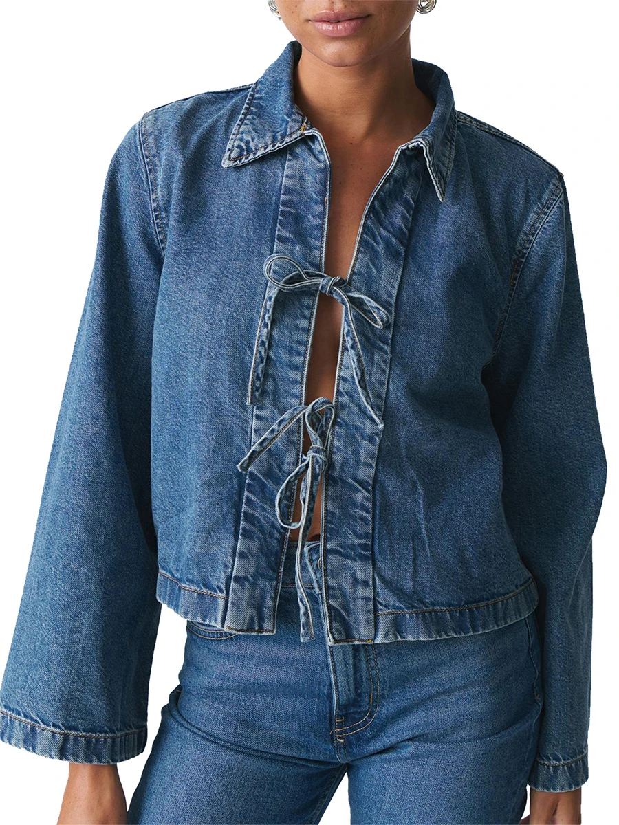 

Женская джинсовая куртка с завязками спереди, отложным воротником, однотонная, с длинными рукавами, повседневная, укороченная, осенняя