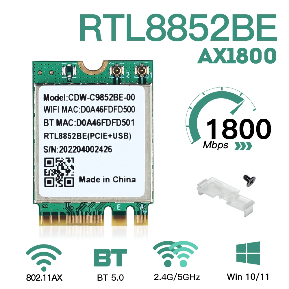 RTL8852BE AX1800 Dual Band 2.4G/5G Wireless WiFi 6 Card Network NGFF M.2 Card 802.11AX BT 5.0 For Laptop/PC Support Windows10/11