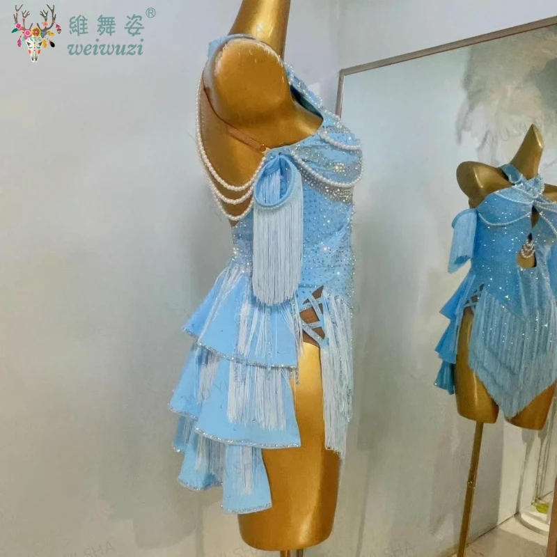 Latin Dance Competition Women's High-end Custom Hanging Neck Pearl Chain Chest Samba Professional Performance Rhinestone Dress