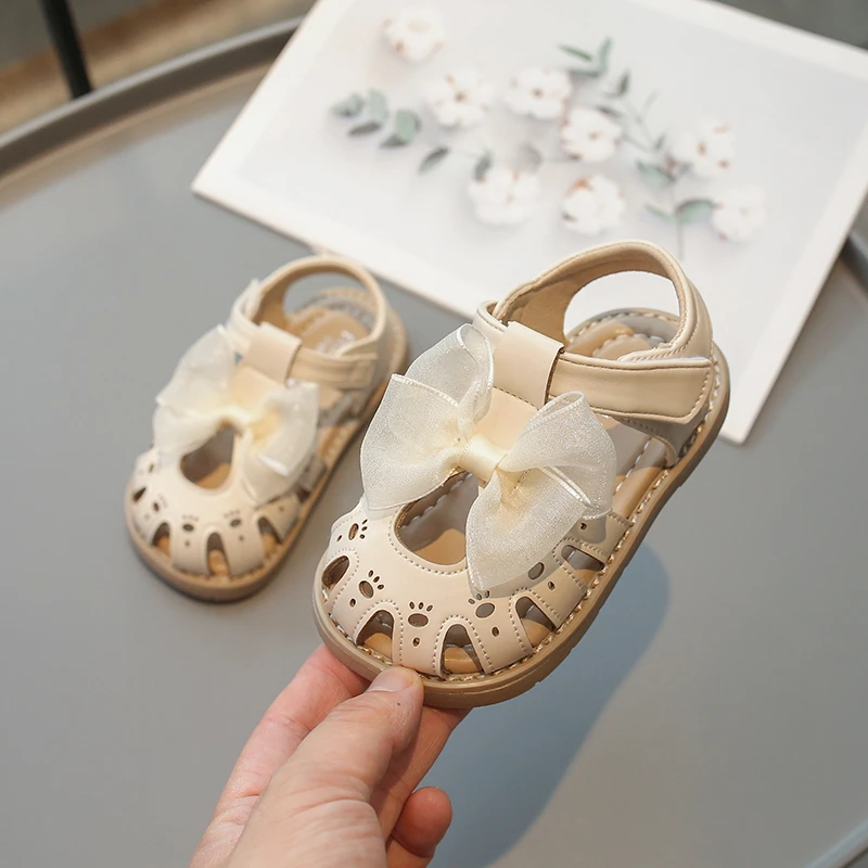 Girls Bowknot Soft Sole Beige Closed Toe Sandals,Summer New PU Outdoor Fashion Sandals for Girls Size: 21-30 Baby Shoes