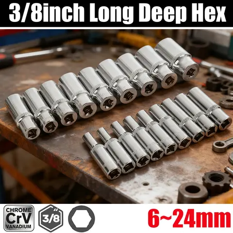 3/8" Drive 6-Point Deep Socket Set 8-24mm Hex Extension Sleeve Head for Nut Removal Hand Tools Kit