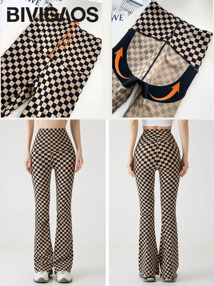 BIVIIncome OS-Leggings évasés requin en damier pour femme, taille haute, lève-fesses serré, sexy, style américain, pantalon évasé, printemps, été, nouveau