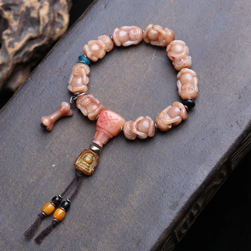 Natural Full-Blooded Carving Of Three Monkeys Of Wukong, Single-Strand Bracelet With Glazed Yak Bone And Cloud-Sh