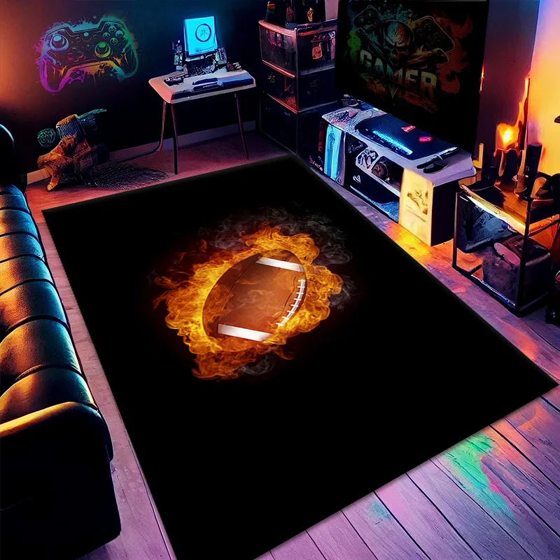 2D Burning Football Area Rug Cool Flame Sport Theme Carpet For Gaming Room Gym Decor Living Room Man Cave Large Floor Mat Gift