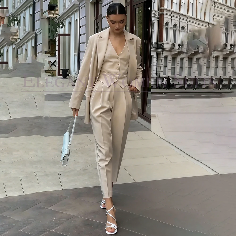 Elegant Women's Suits Fashion Single Breasted Notch Lapel Slim Fit 3 Piece Jacket Pants Vest High Quality Office Lady Blazer