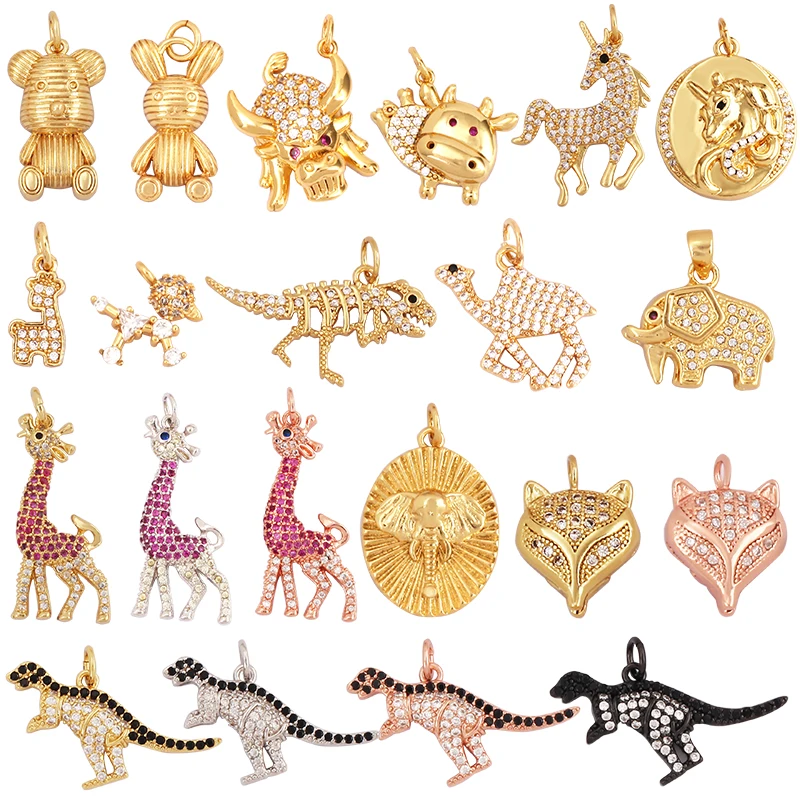 Unique Fine Bear Cow Unicorn Giraffe Dinosaur Camel Fox Animal Charm Pendant,Cute 18K Gold Necklace Bracelet Jewelry Supply L43