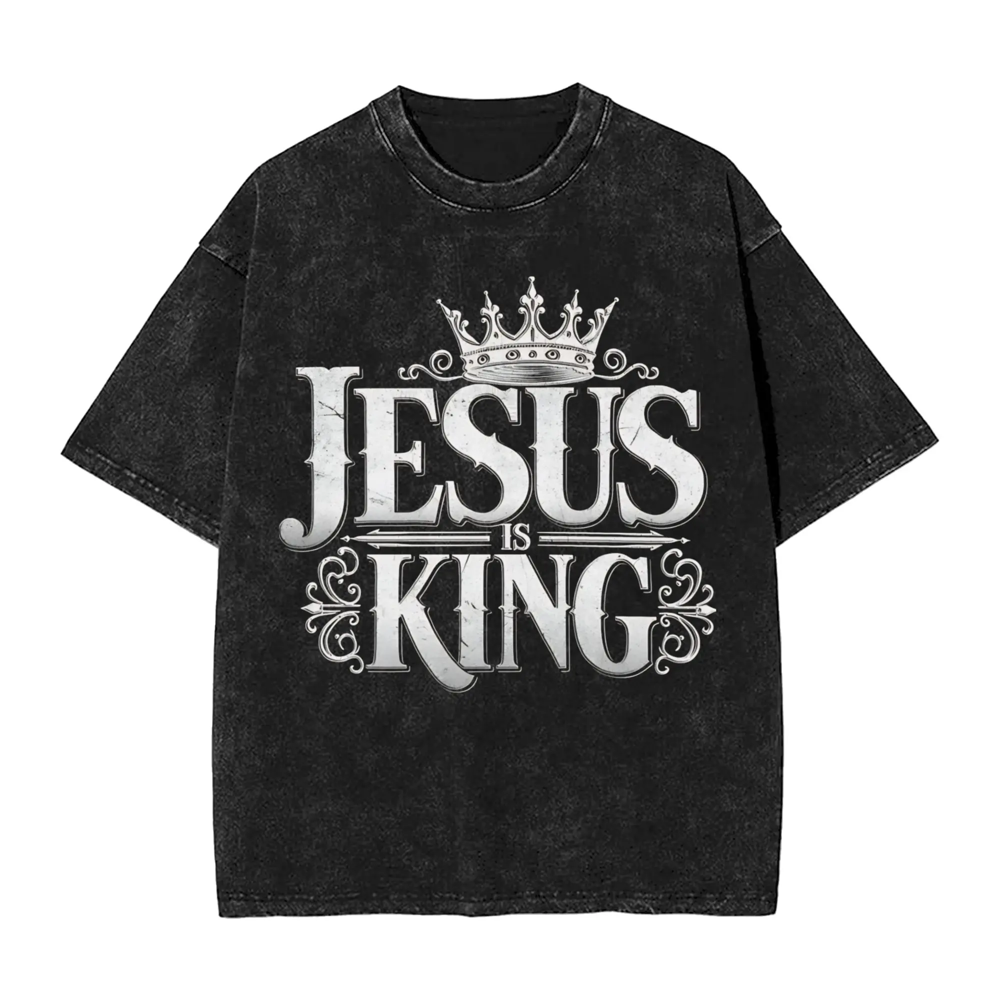 Jesus Is King Christian Faith Religious God Crown  Washed T Shirts Streetwear Hip Hop Vintage T-Shirt  Tee Shirt Men Women