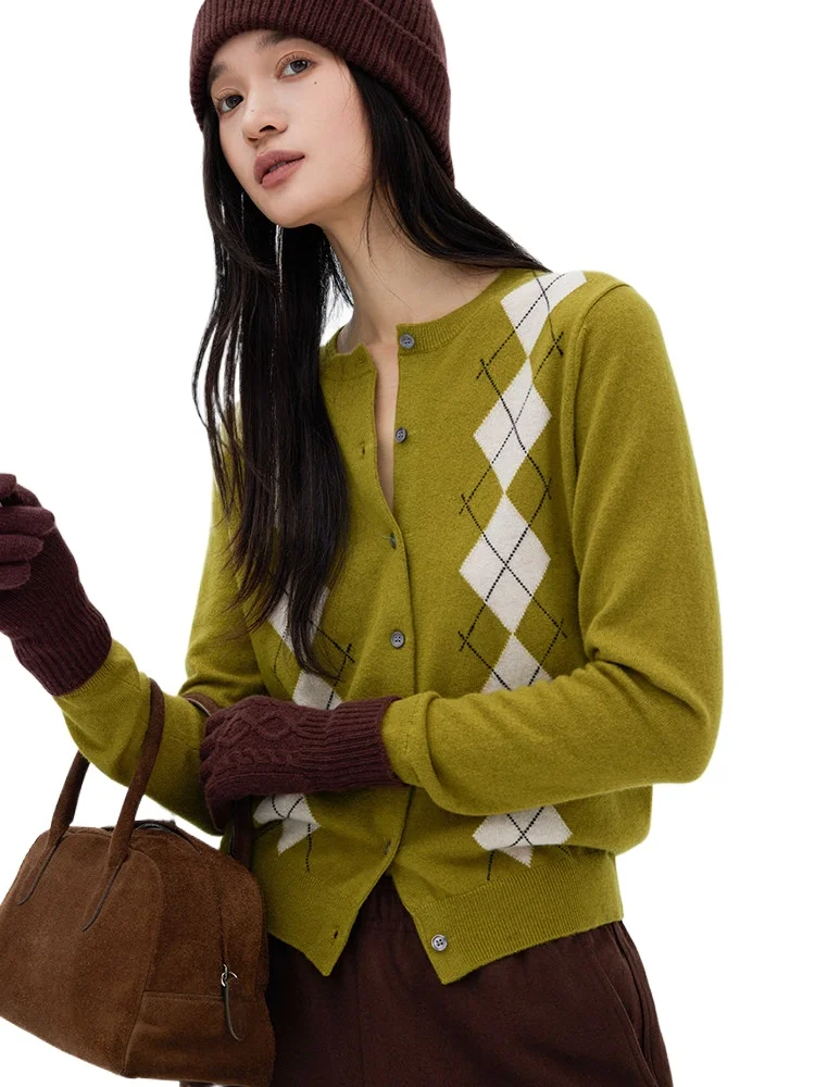 

Miu style vintage girl German stoll intarsia craft diamond lattice conseni cashmere crew neck cardigan woman