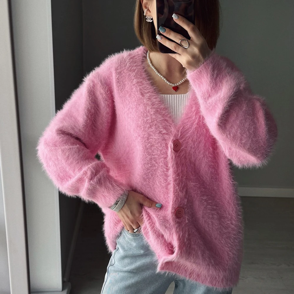 

Talenza Women's Knitted Thick Cashmere Wool Cardigan Chic V Neck Single Breasted Long Sleeve Sweater Fall Winter Coat Outwear