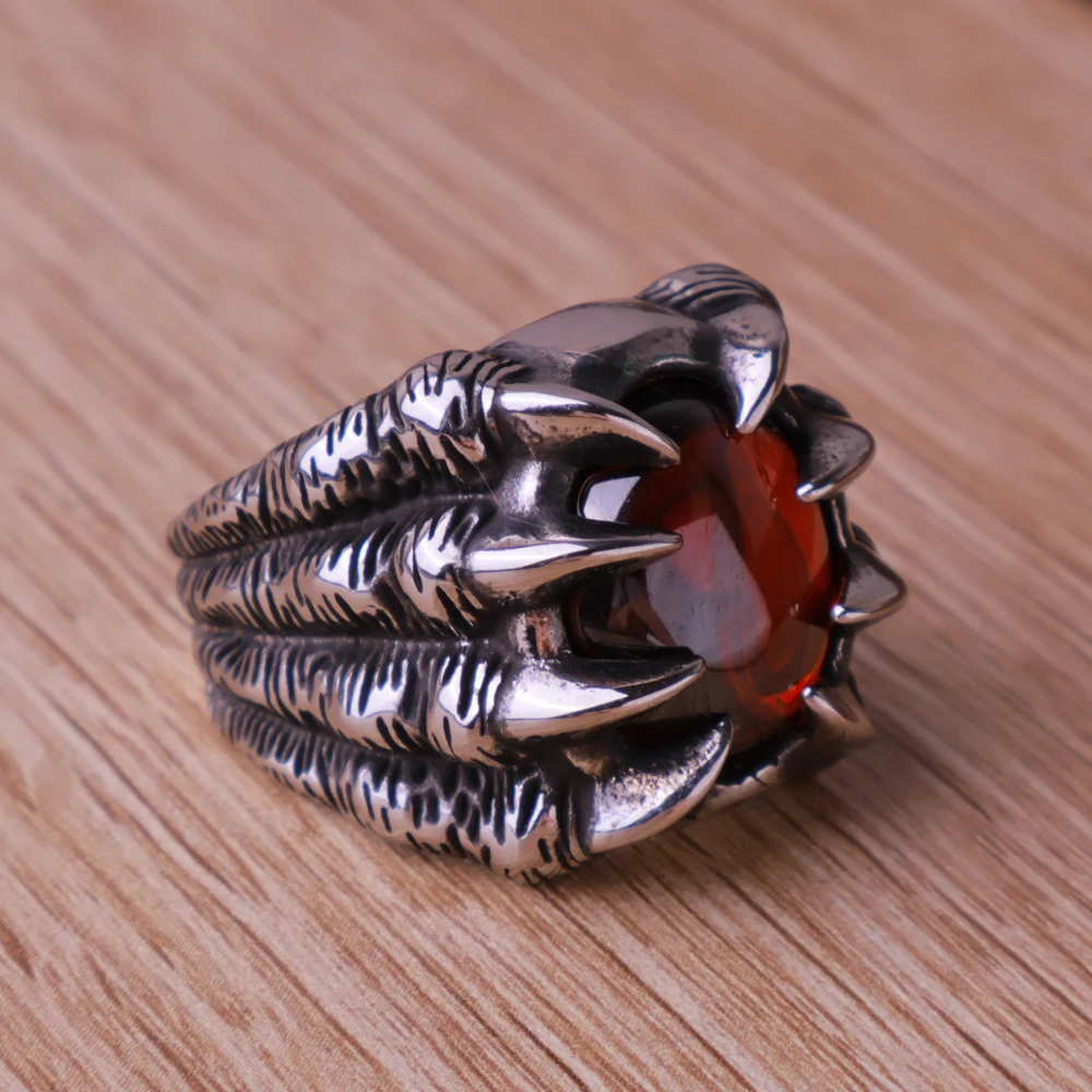 Vintage Big Stone Stainless Steel Dragon Claw Ring Mens Fashion Personality Punk Hip Hop Black Red Stone Ring Jewelry Wholesale