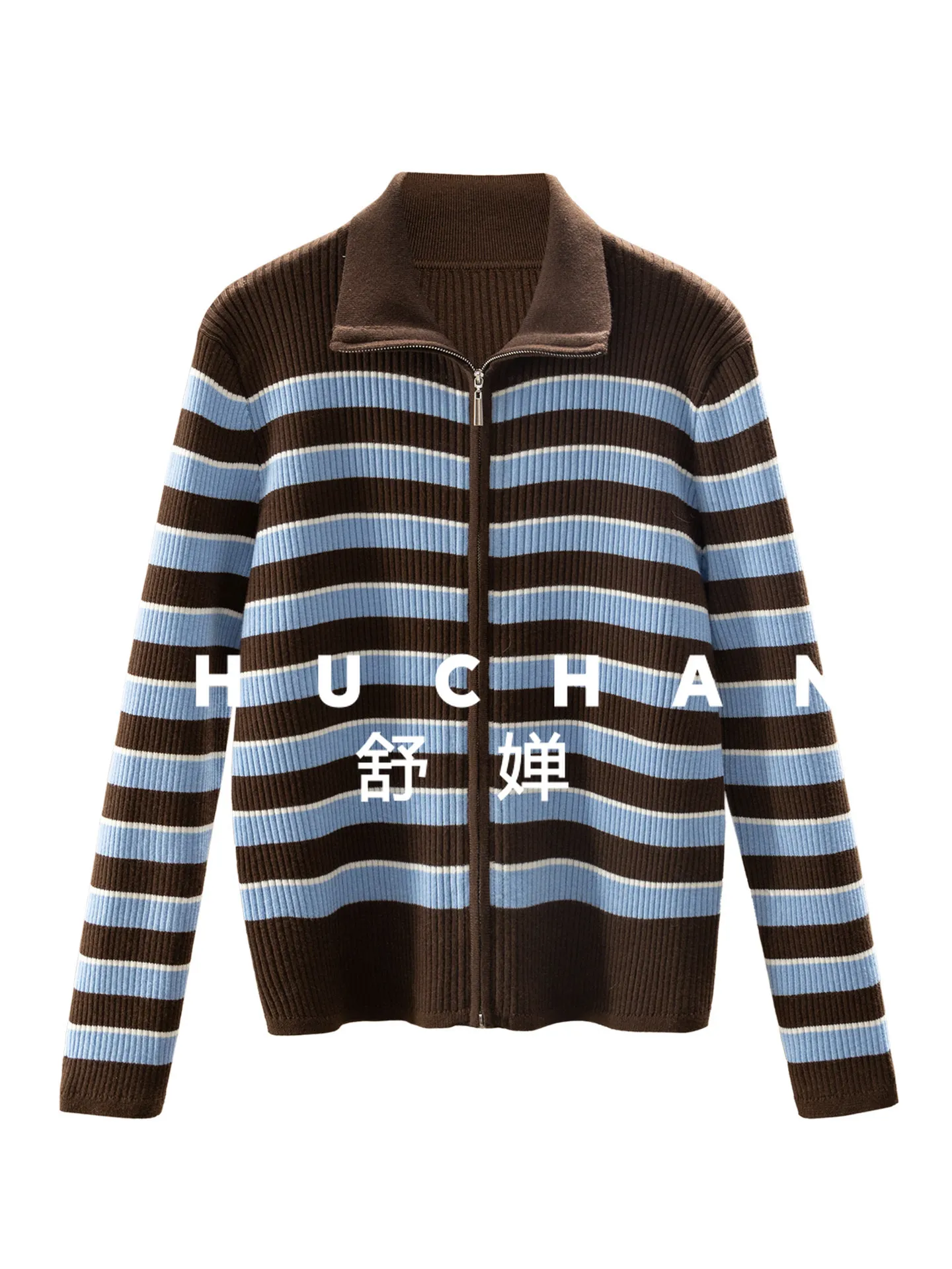 

Vintage Fashionable Contrasting Stripes with Wool Stand-up Neck Knitted Sweater Cardigan Women