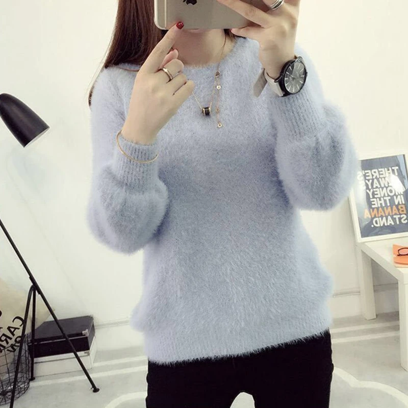 Winter Imitate Mink Wool Hot Flecing Long Puff Sleeve Female O-neck  Elastic Casual Sweater Women Knitted Tops Pullovers Solid