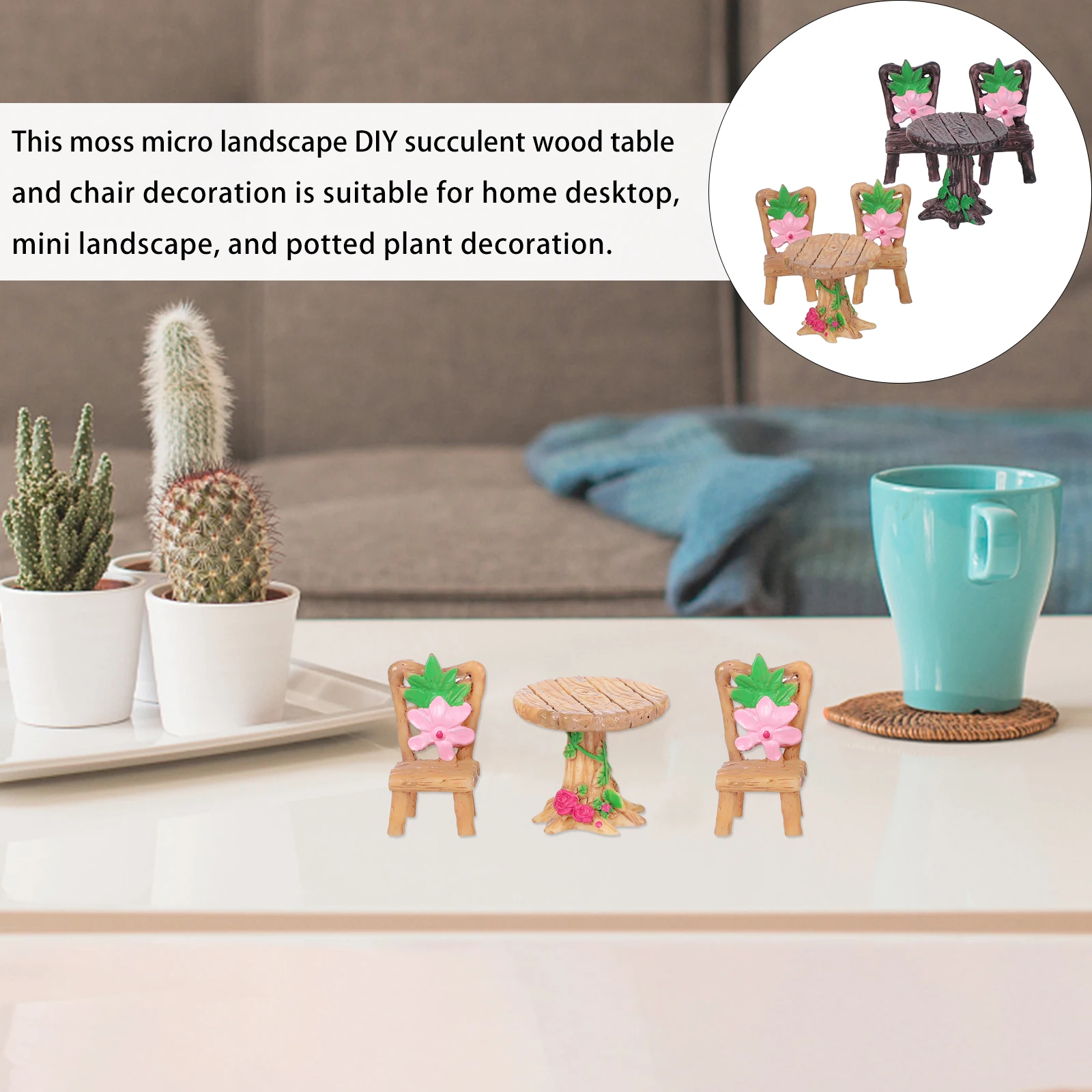 

2Sets Moss Micro Landscape Ornament Resin Table Chair Decor for Potted Plant Miniature Scene Desktop Decoration Small Furniture