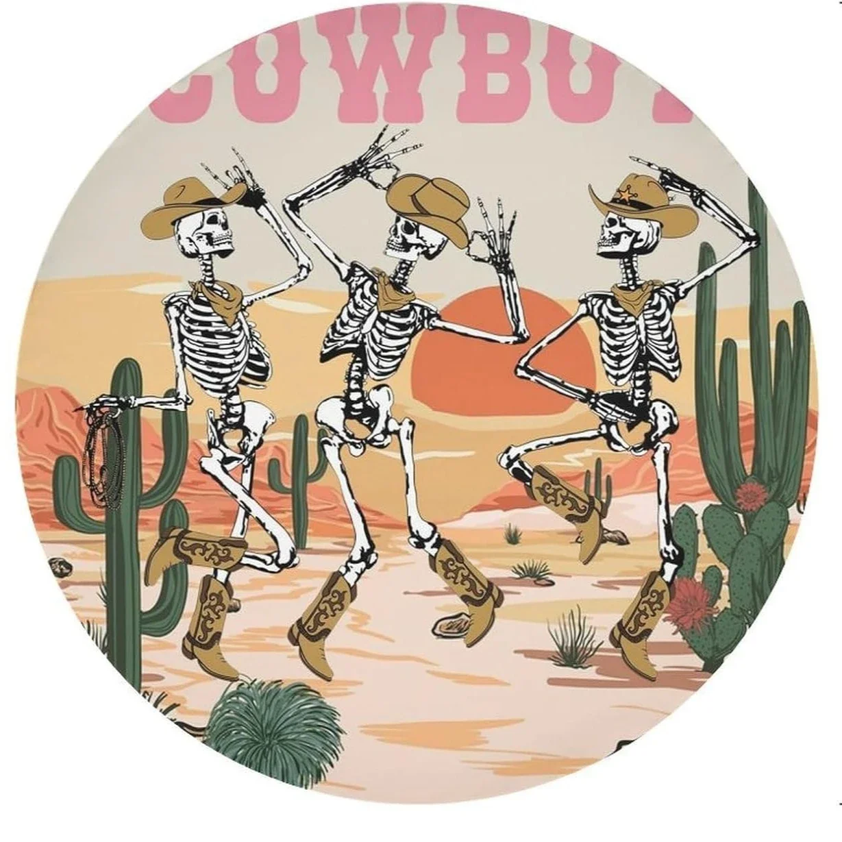 Funny Halloween Skeleton Western Cowboy Skull Circle Tablecloth - Retro West Desert Gothic Rustic Mountain Cactus Cover