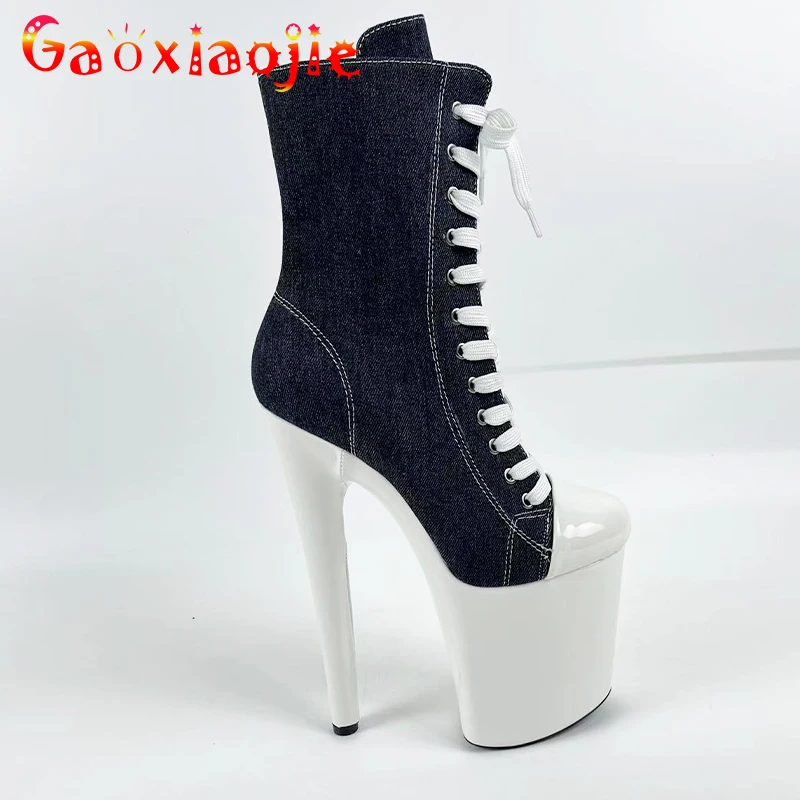 Sexy Woman Boots 20CM Stiletto Heel Closed Round Toe Platform Canvas Sneaker Wear-resisting Pole Dance Ankle Boots Stripper Heel