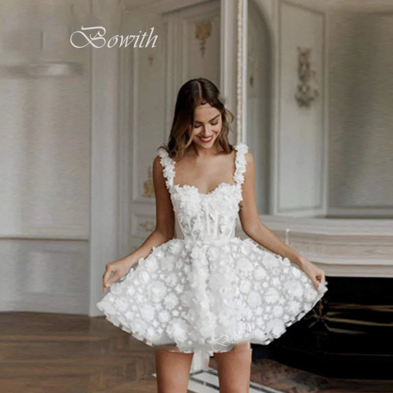 

Bowith Whute Mini Wedding Party Dresses Luxury 3D Flower Appliques A Line Spaghetti Strap Cocktail Dress vestidos de noche