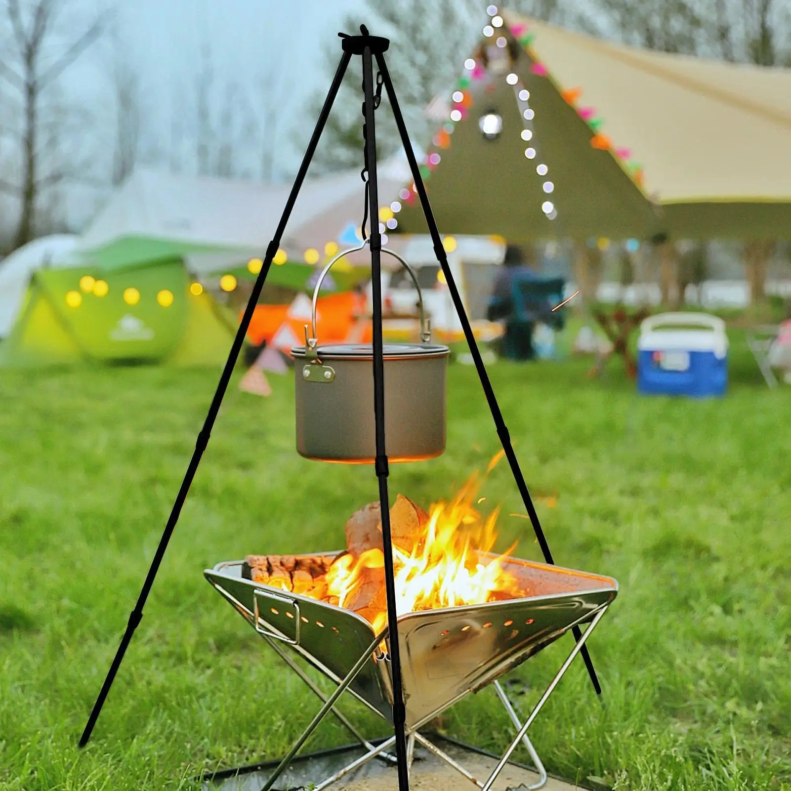 Outdoor Large Bonfire Tripod Portable Camping Campfire Cooking Pot Hanging Triangle Stand Rack Adjustable Hang Chain