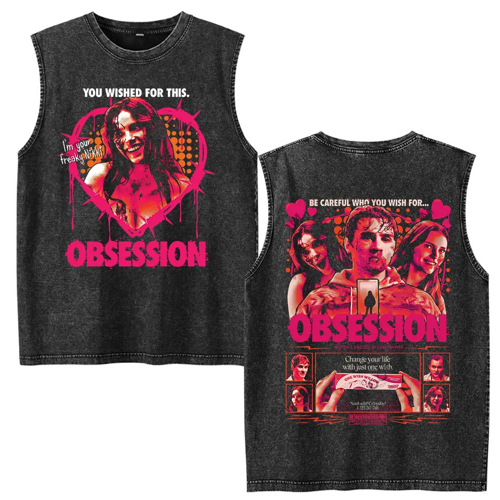 T-shirt sans manches délavé « Obsession Film d'Horreur Nikki » pour Hommes et Femmes – Vêtements Décontractés Vintage, Débardeurs Oversize