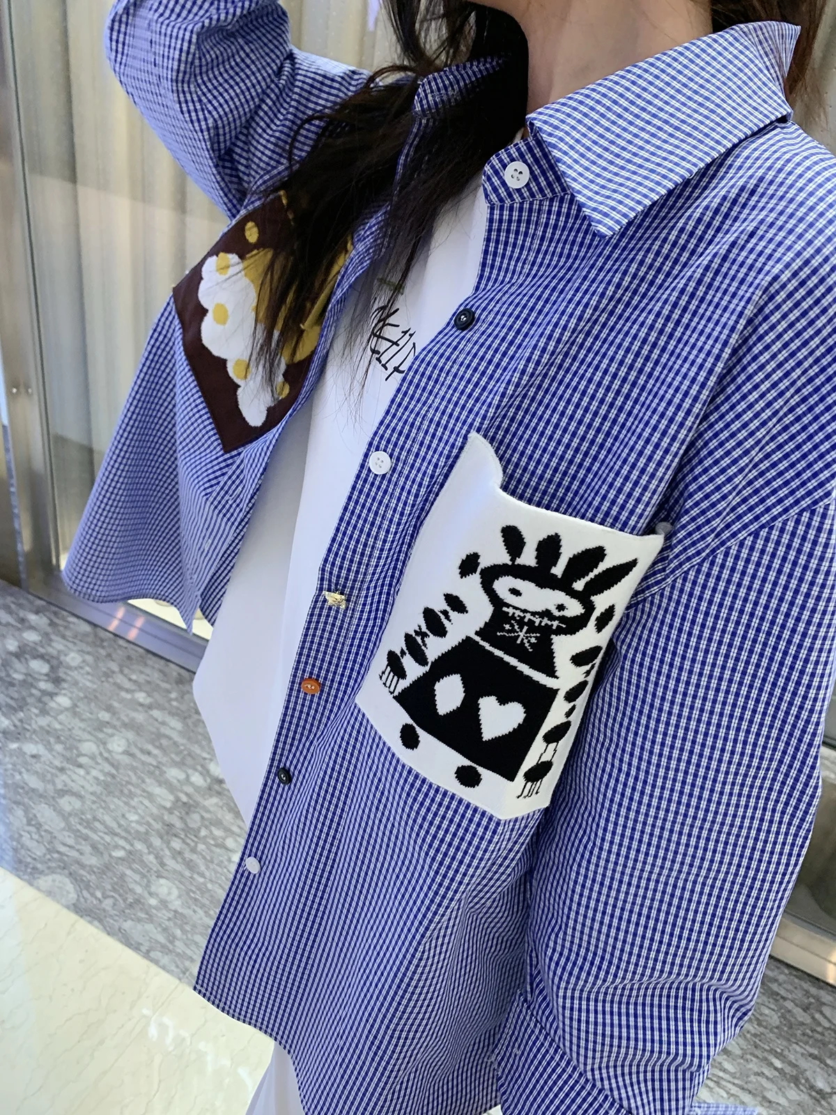 

Loose Long Sleeve Shirt Women's Artistic Knitted Patchwork Pocket Turn-down Collar Plaid Spring New Style Casual Cotton Blend