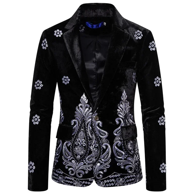 New Men\'s Luxury Blazer Costume Stage Jacket Suit Male Velvet One button Gold Thread Embroidered Dress Suits for Men