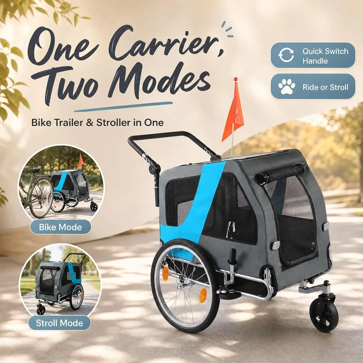 2-in-1 Pet Bike Trailer & Stroller, 165lbs Carrier, Customized